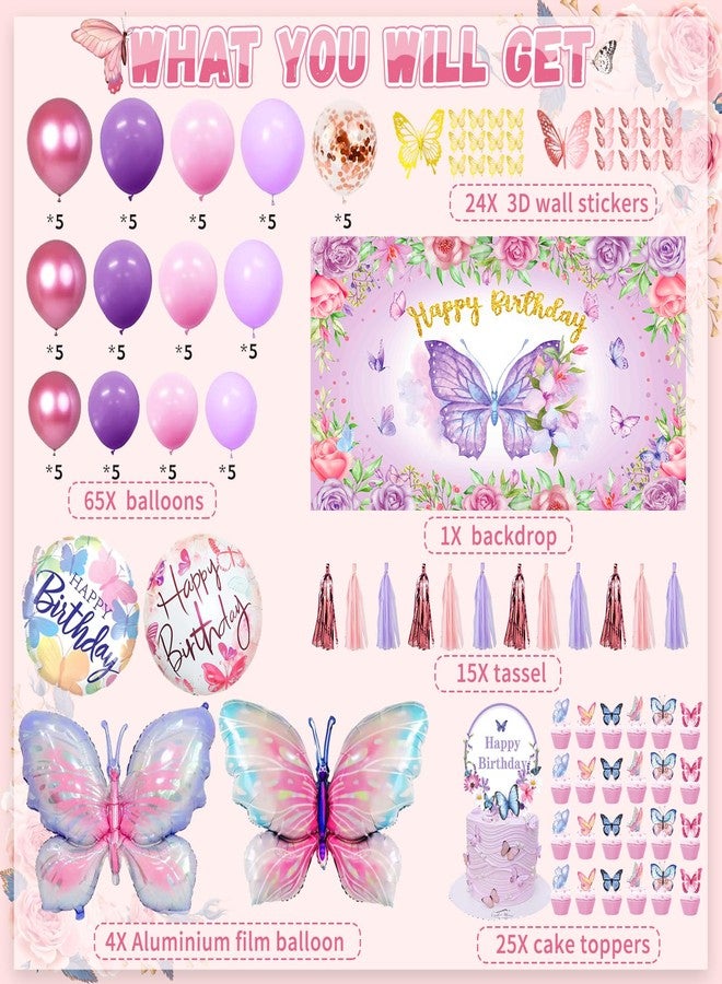 BOLAKE 138PCS Butterfly Birthday Decorations for Girls, Butterfly Party Supplies Include Balloon Arch Butterfly Backdrop Foil Balloon 3D Butterfly Wall Decors Tablecloth Cake Topper Tassle - Image 2